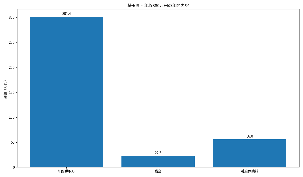 埼玉県で年収380万円の場合の手取り・税金・社会保険料の内訳グラフ